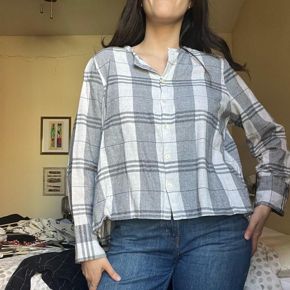 Cotton Madewell Grey/White Plaid Button Down Blouse